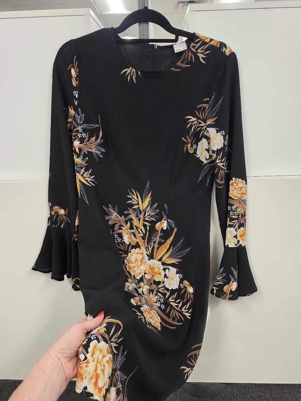 Black Floral Bell-Sleeve Women’s Dress